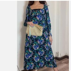 ZARA BLUE MULTICOLOR PRINTED FLORAL MIDI DRESS LONG SLEEVE SIZE S